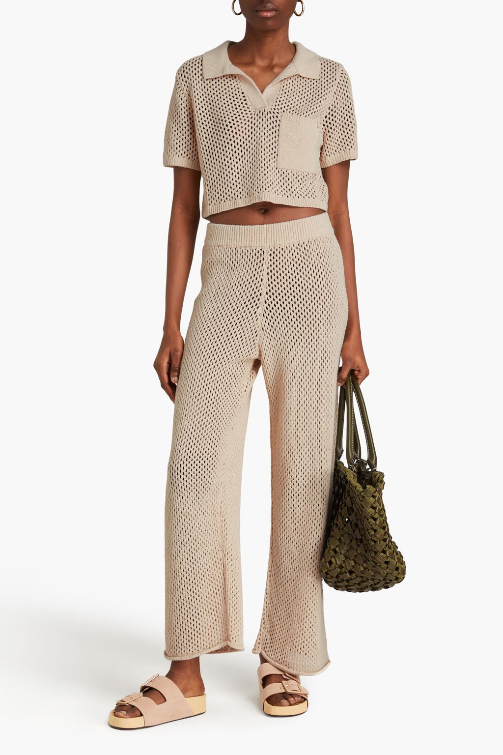 Cropped Crochet-knit Polo Shirt & Wide-leg Pants