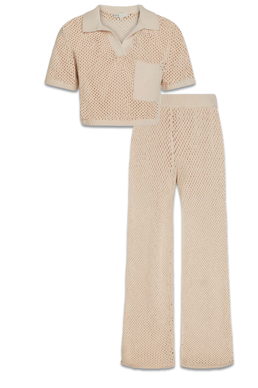 Cropped Crochet-knit Polo Shirt & Wide-leg Pants