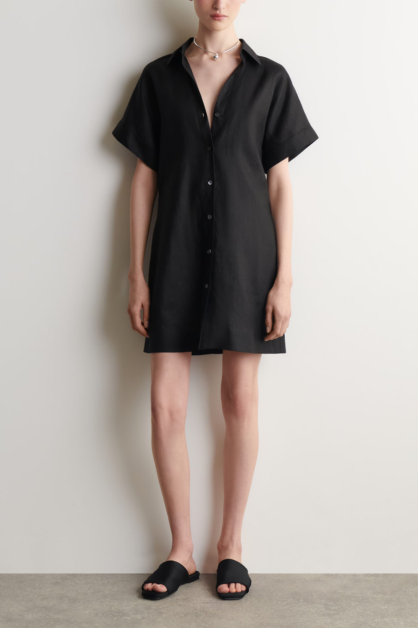 Open-collar Linen Mini Shirt Dress