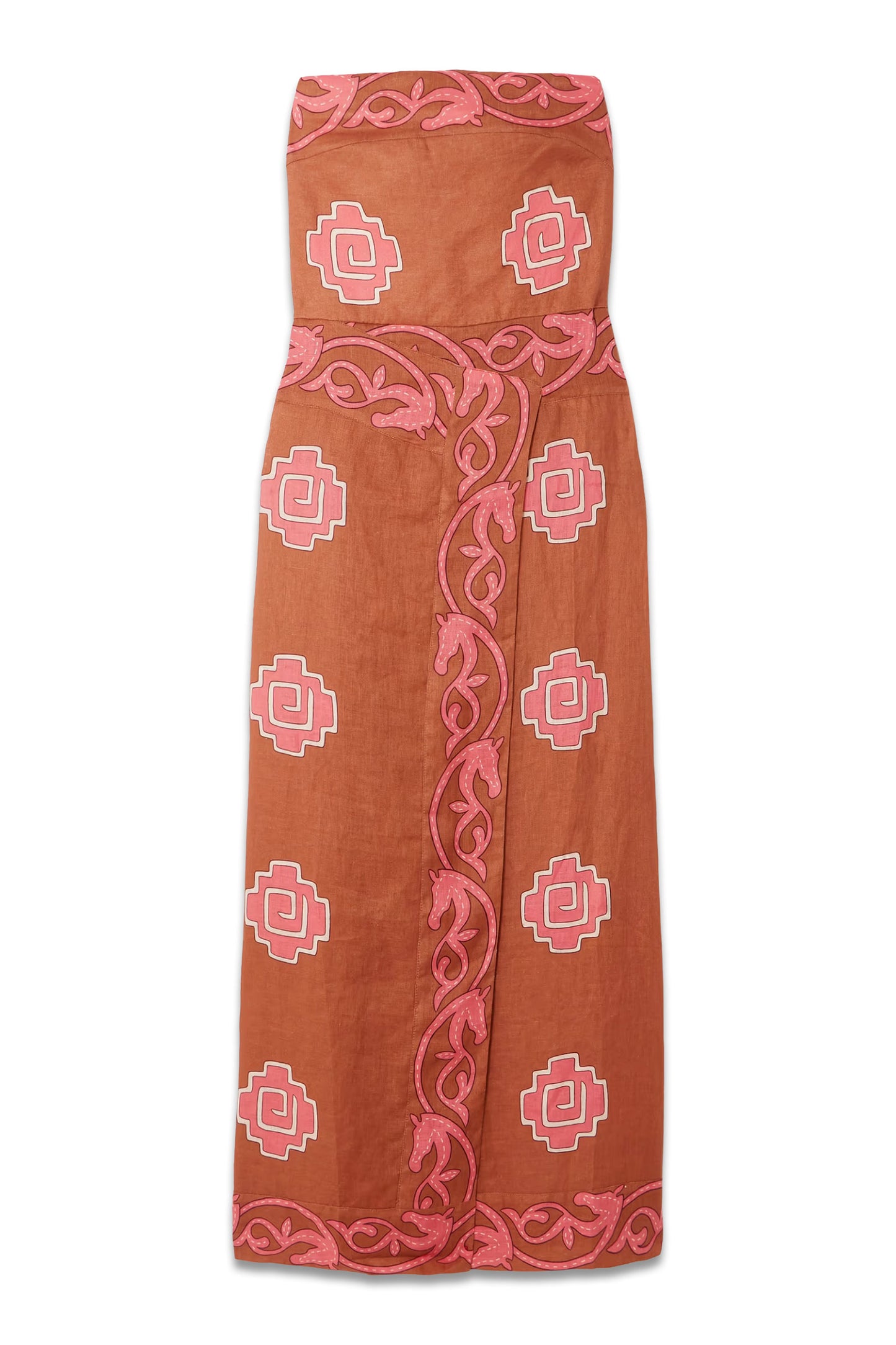 Ancient Strapless Wrap-effect Printed Linen Midi Dress