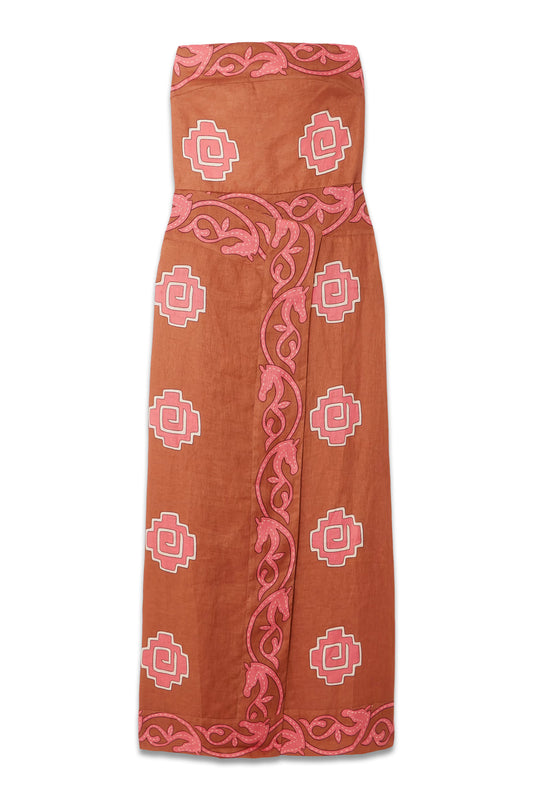 Ancient Strapless Wrap-effect Printed Linen Midi Dress