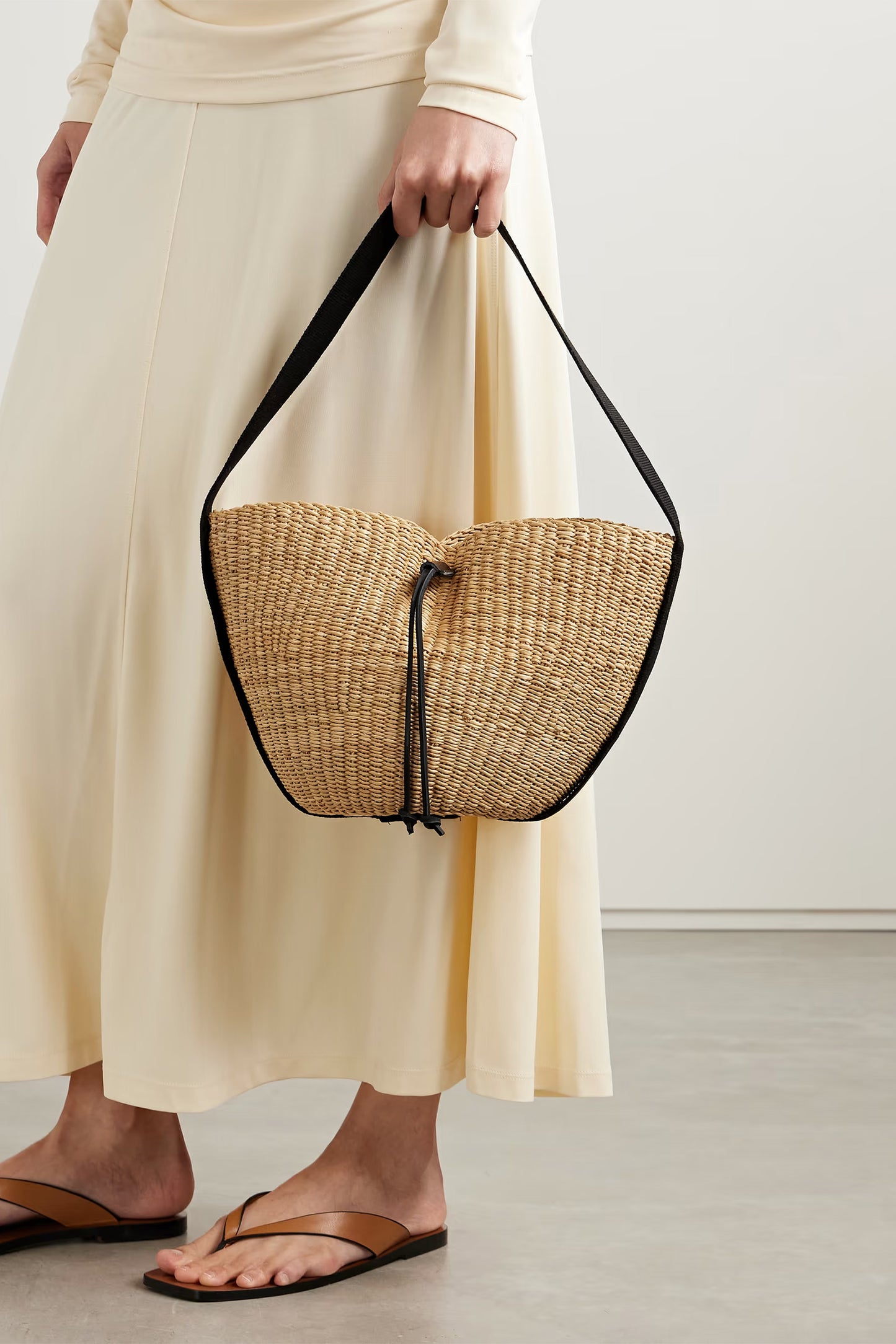 Orbi Cotton Canvas-Trimmed Woven Straw Shoulder Bag
