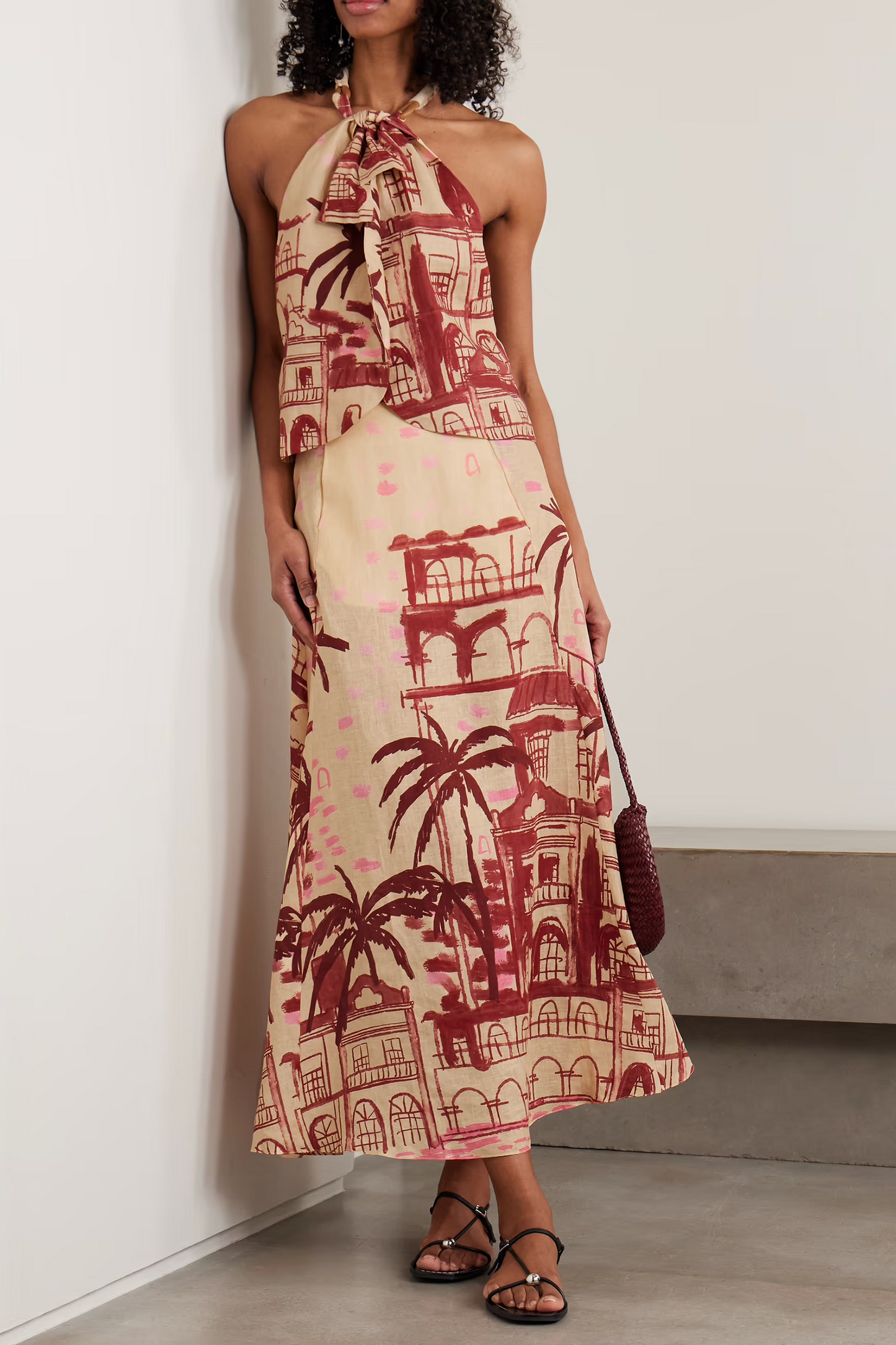 The Root Leather-trimmed Printed Linen Halterneck Top and Steps of Joy Printed Linen Midi Skirt