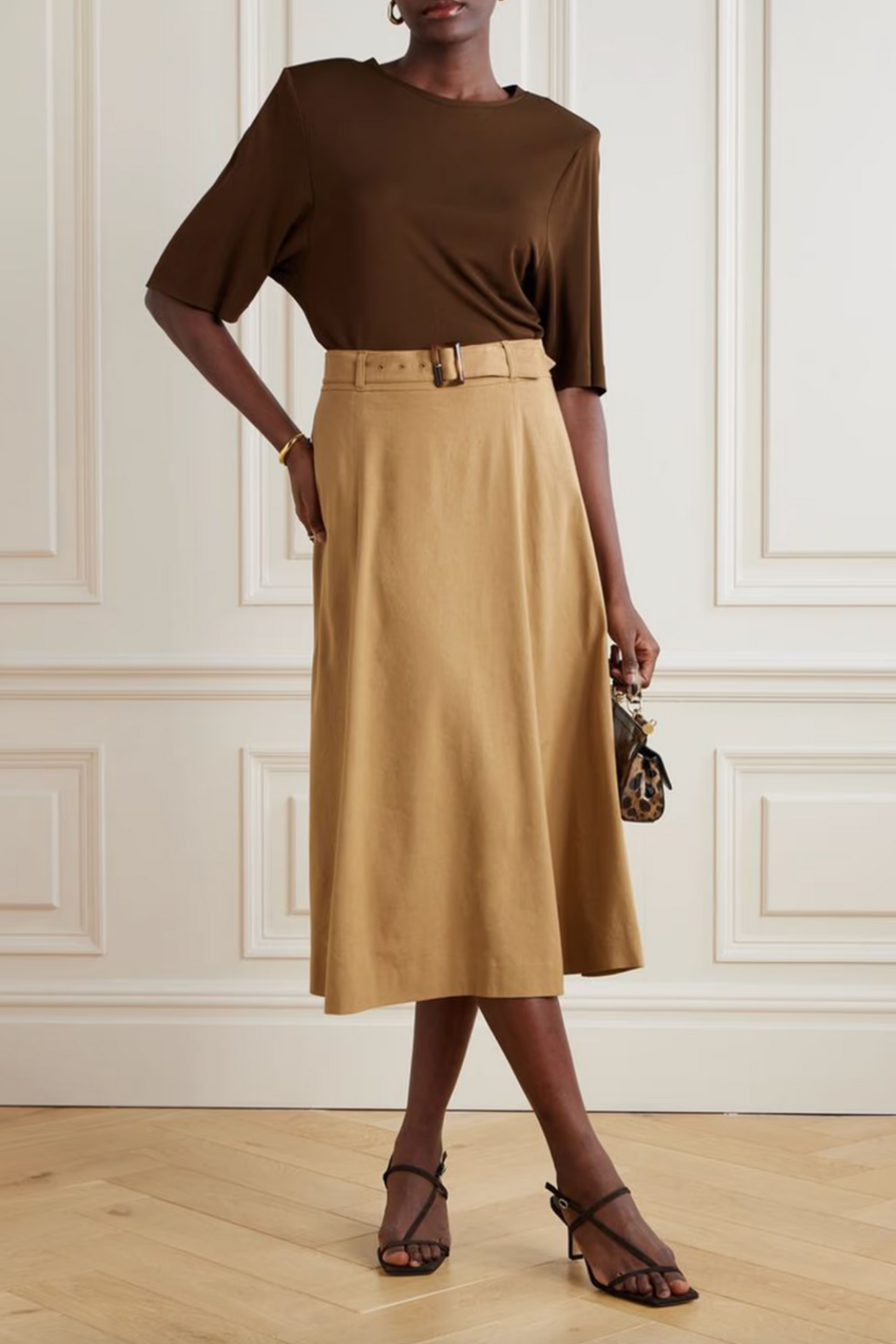 Arwen Belted Pleated Linen-Blend Midi Skirt