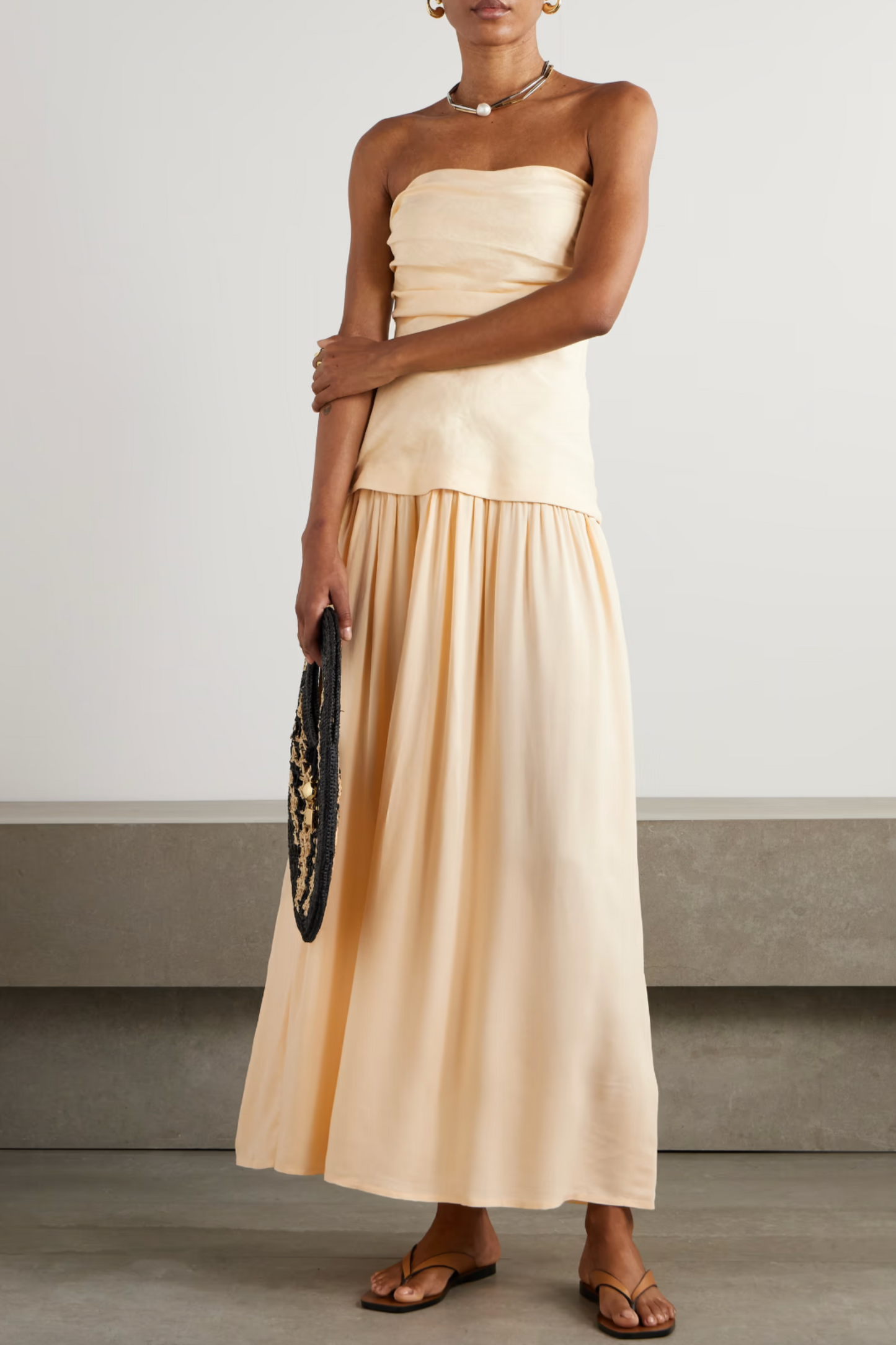 Hedy Strapless Gathered Linen and Voile Maxi Dress