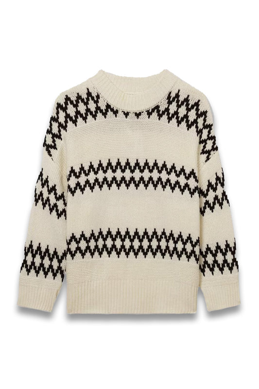 Wool-Blend Fairisle Pattern Jumper in Cream/Black