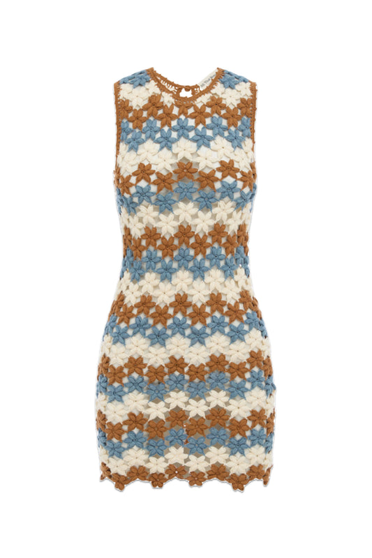 Daisy Dress - Tobacco, Blue & White