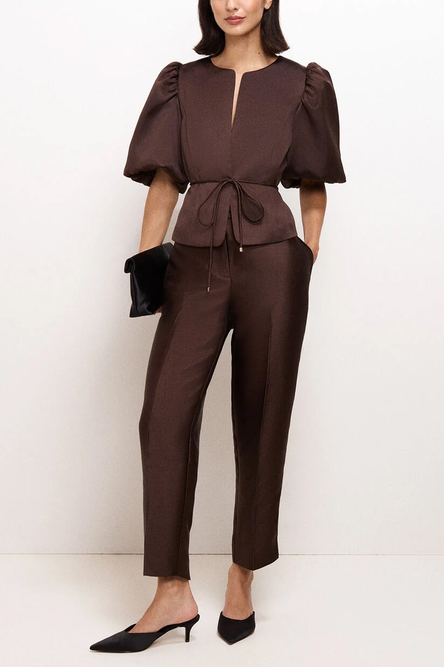 Ivy Brown Satin Puff Sleeve Jacket & Satin Cigarette Trousers