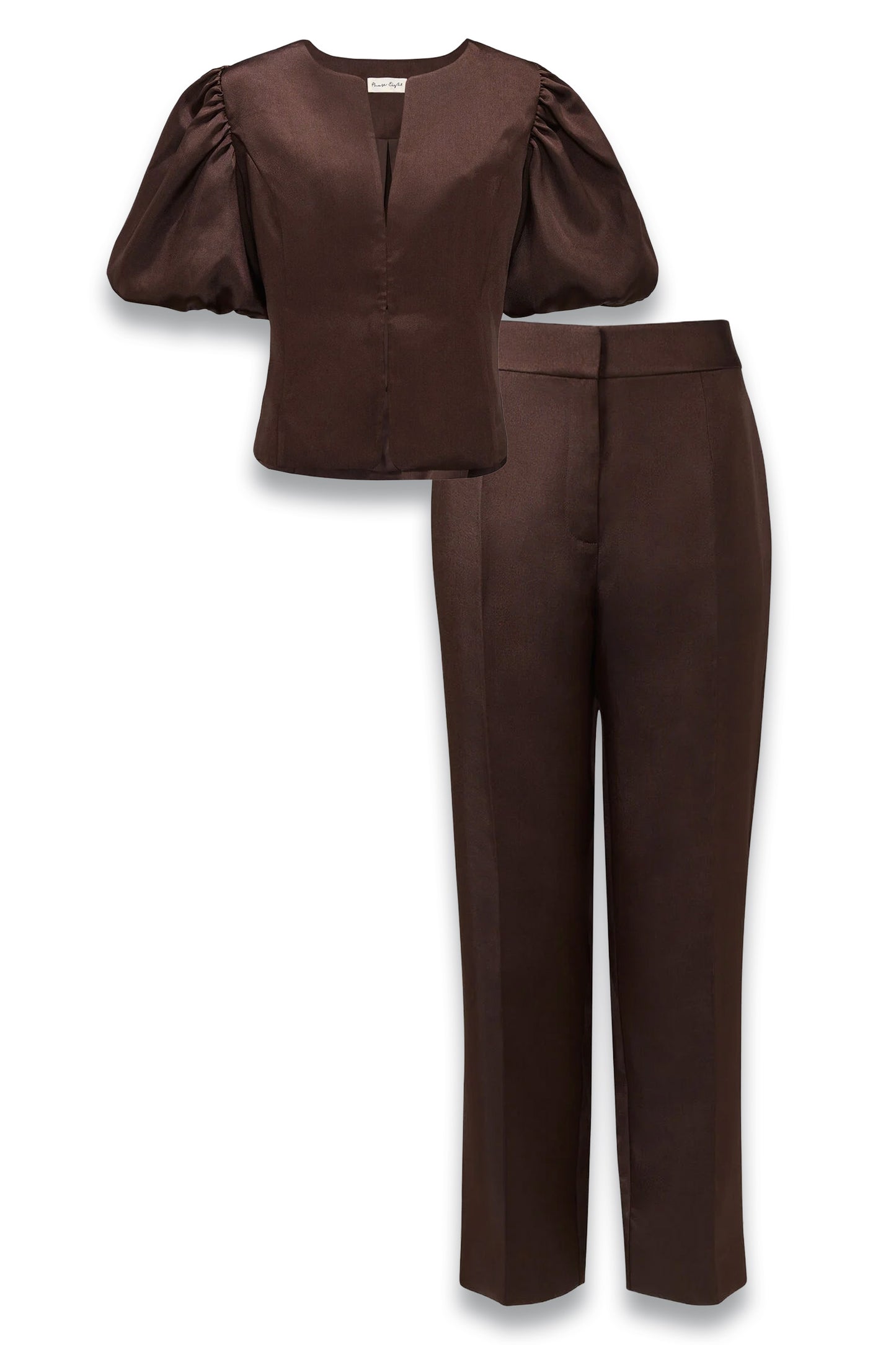 Ivy Brown Satin Puff Sleeve Jacket & Satin Cigarette Trousers