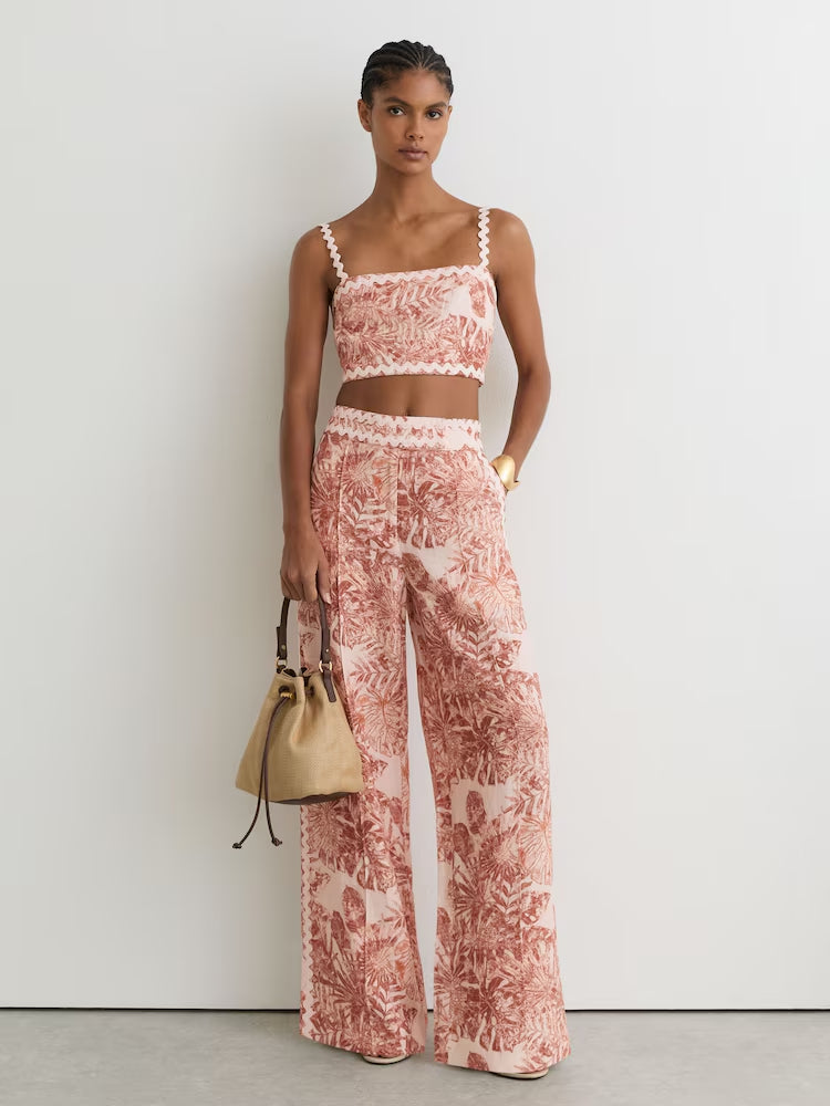 Mila Linen Cropped Cami Top and Wide-Leg Trousers in Pale Pink Set