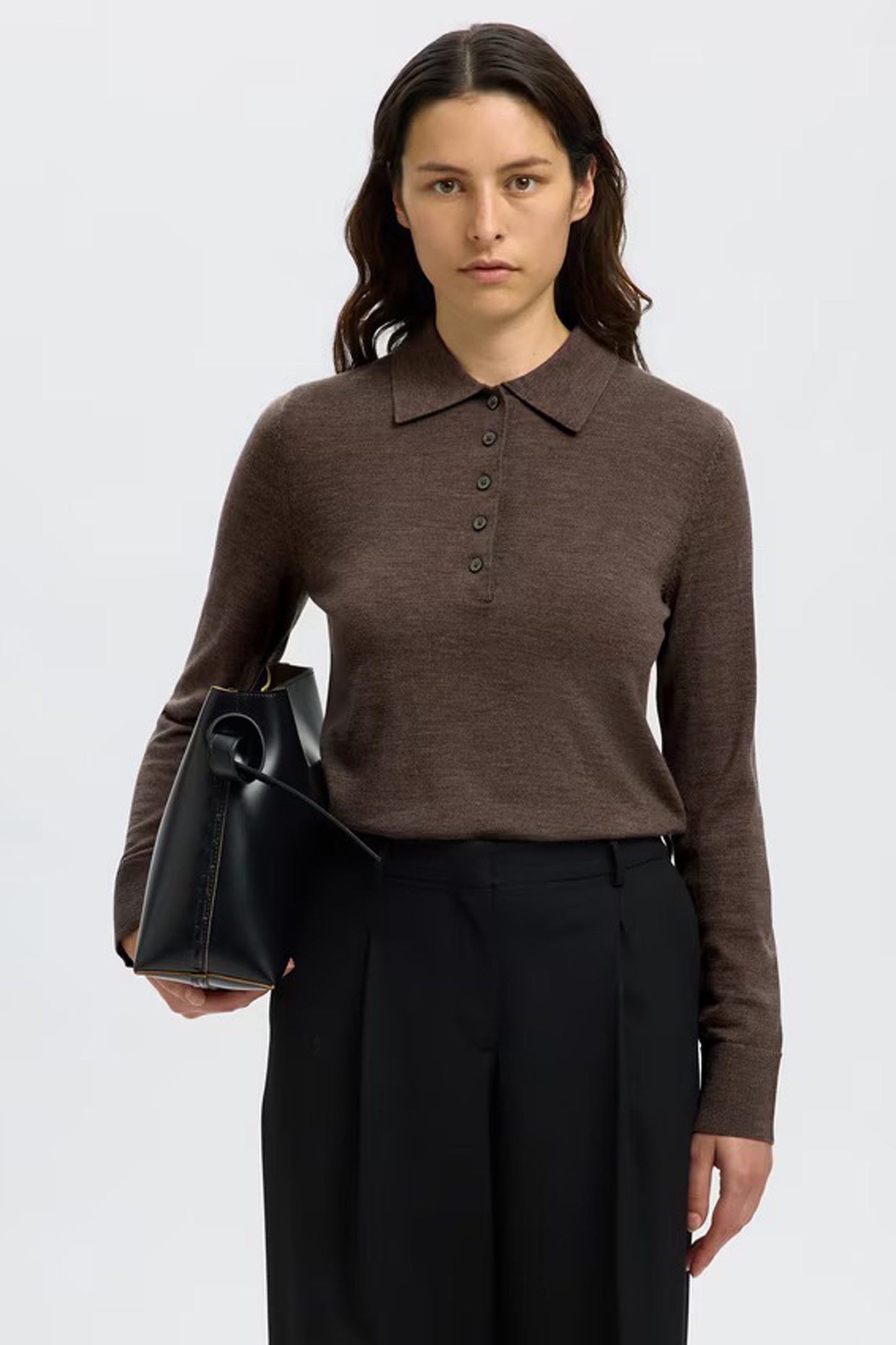 Thea Pure Wool Polo Jumper in Brown