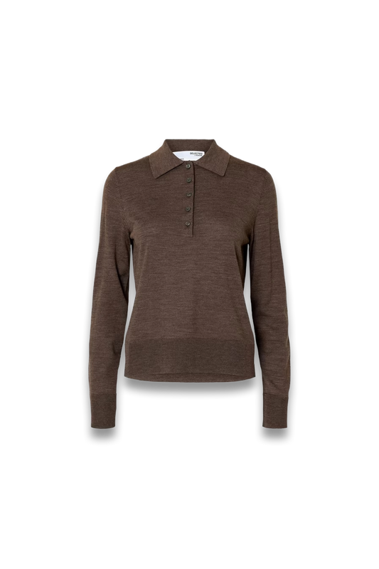 Thea Pure Wool Polo Jumper in Brown