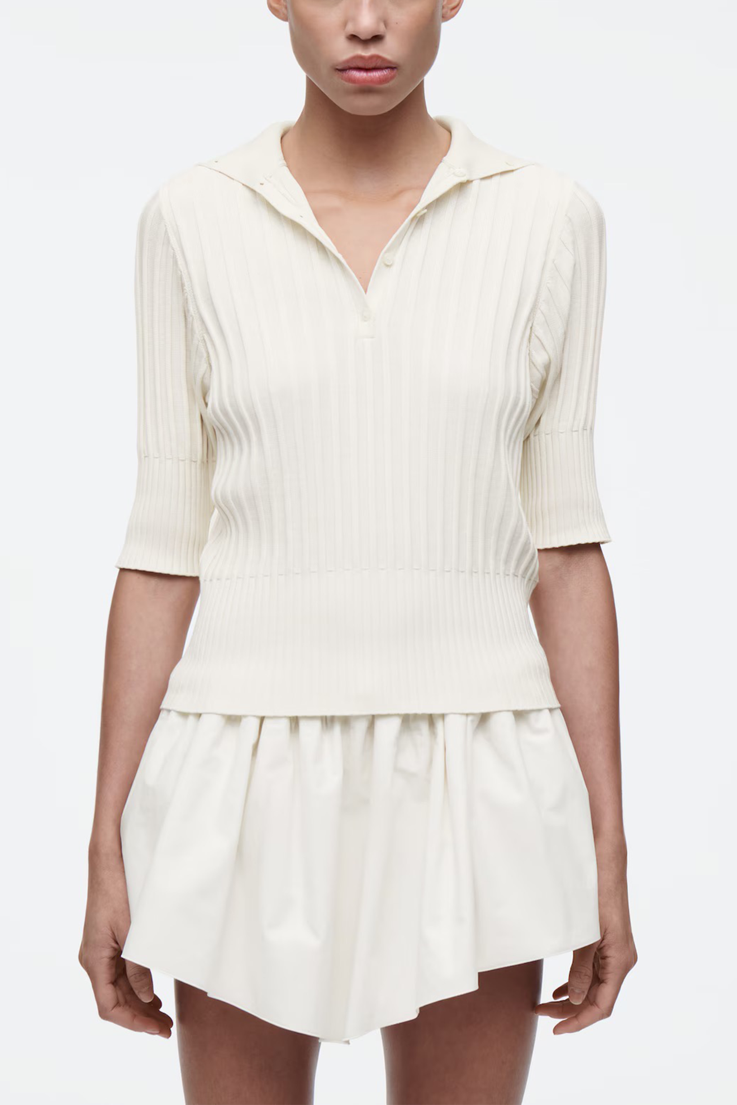 Rib-Knit Silk Polo Top