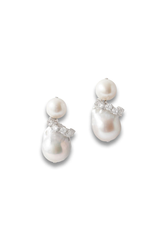 Rhodium-plated Recycled Silver Pearl and Crystal Earrings