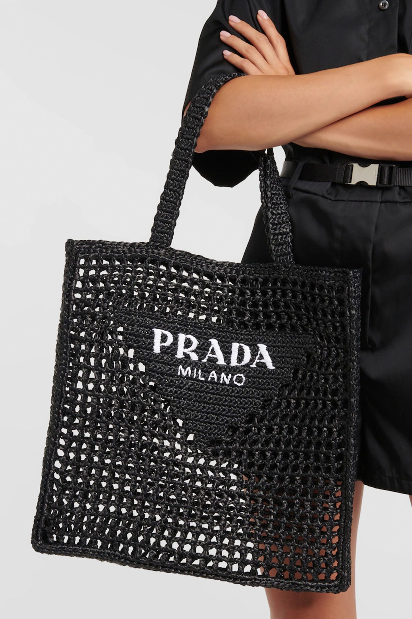 Logo Raffia Black Tote
