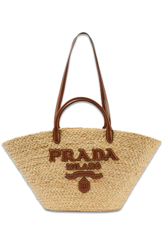Logo Leather-Trimmed Raffia Basket Bag