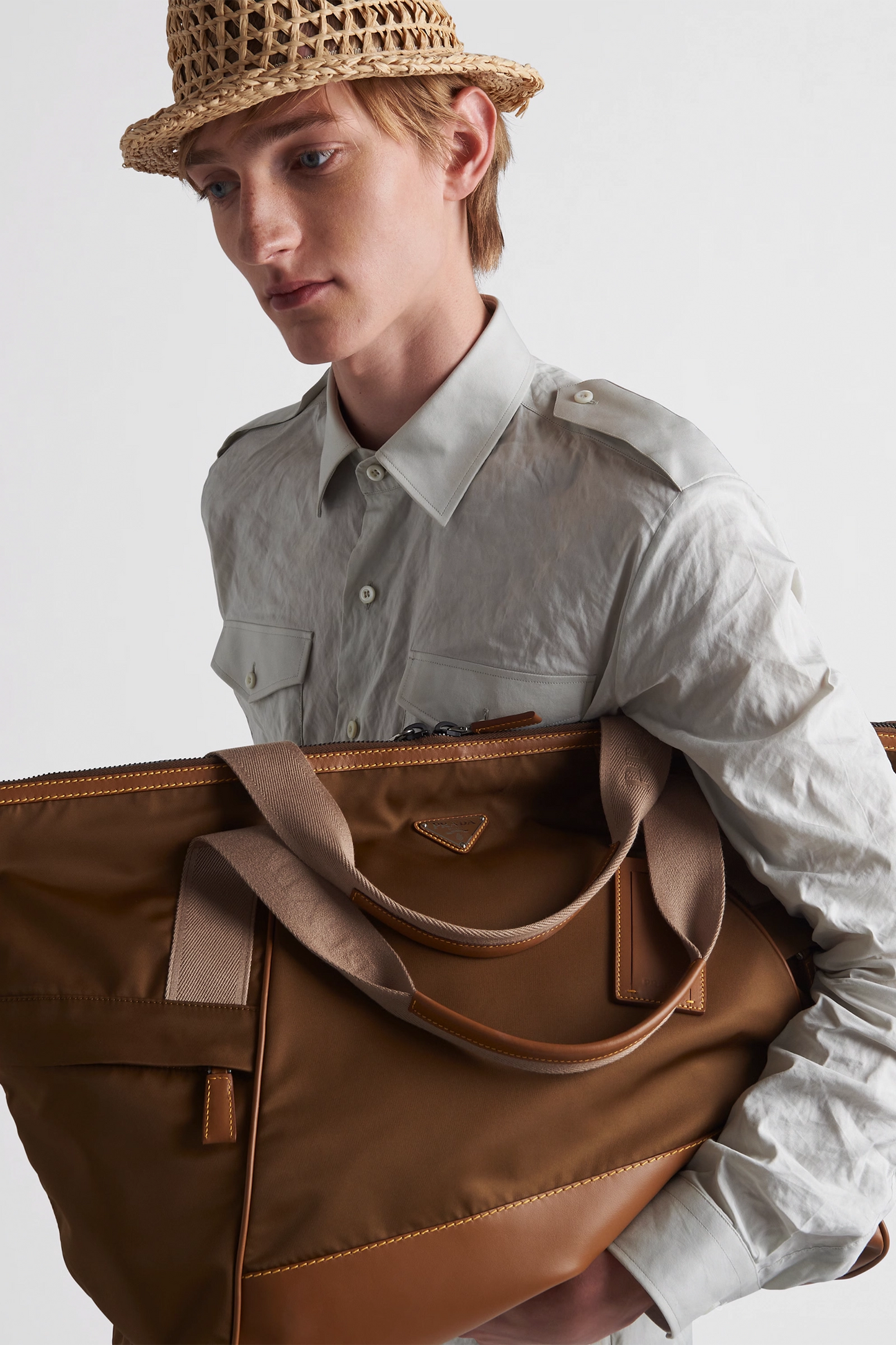 Re-Nylon and leather duffel bag