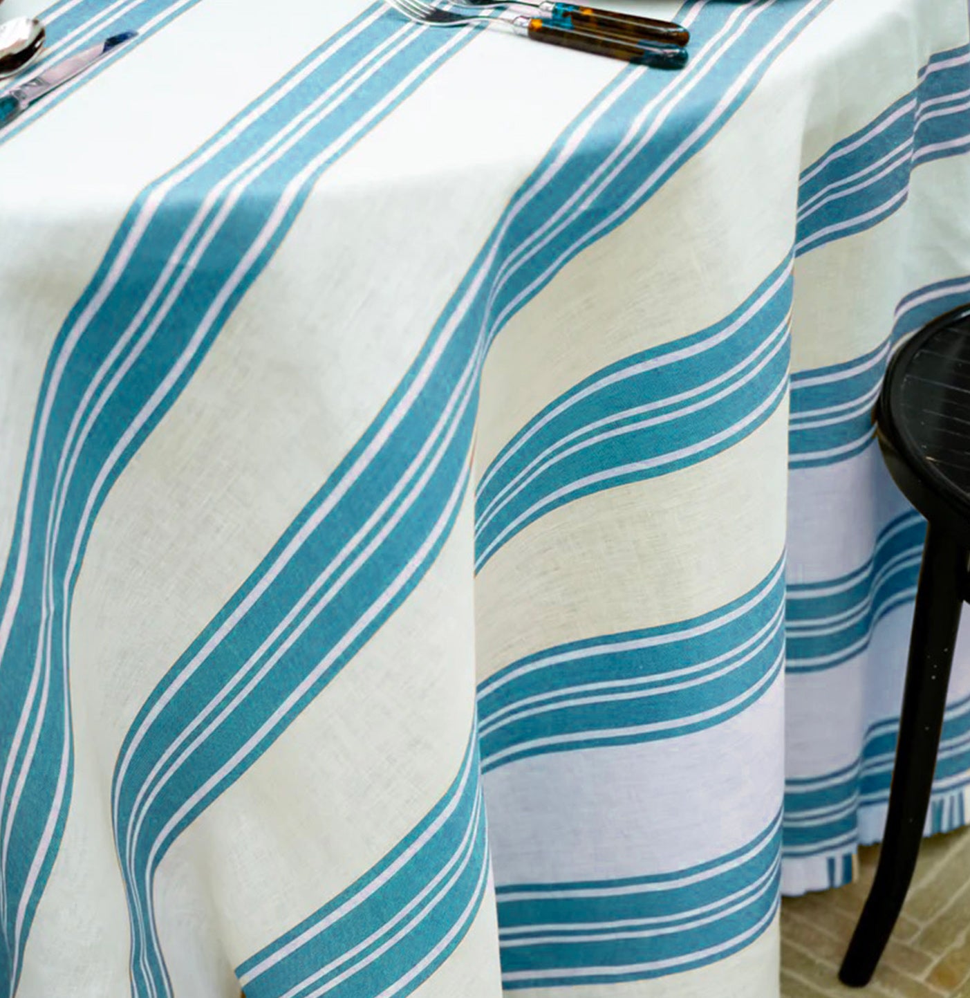 Colette Pleated Striped Linen Round Table Cloth, Harbour Blue