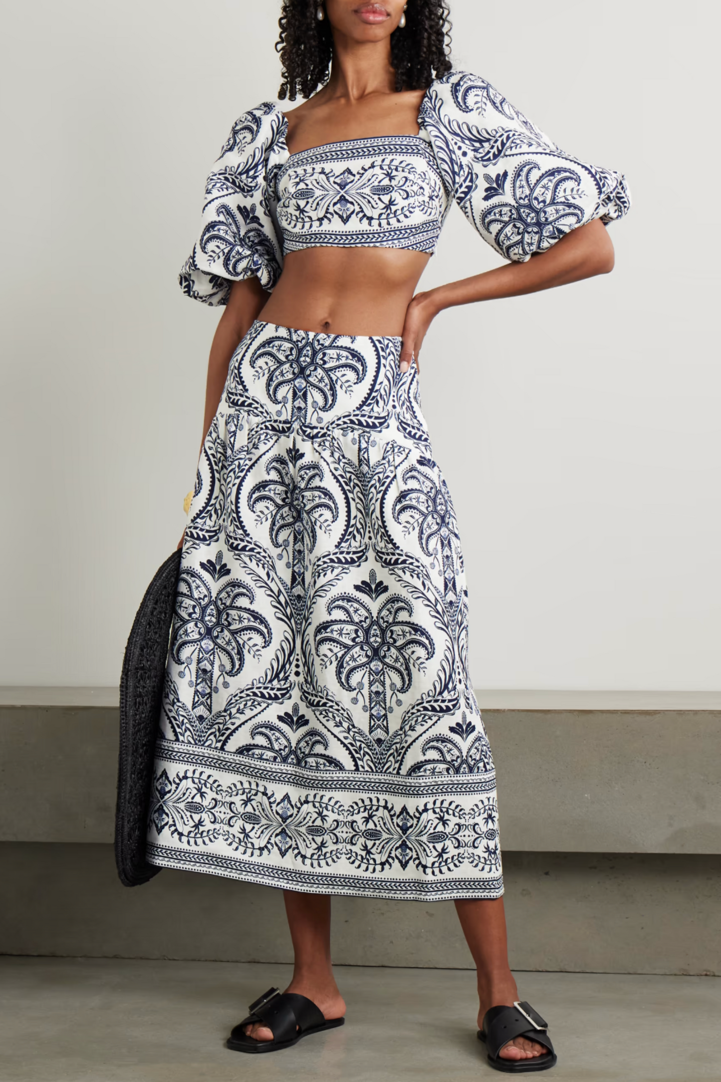 Tropical Cameo Shirred Printed Linen Midi Skirt