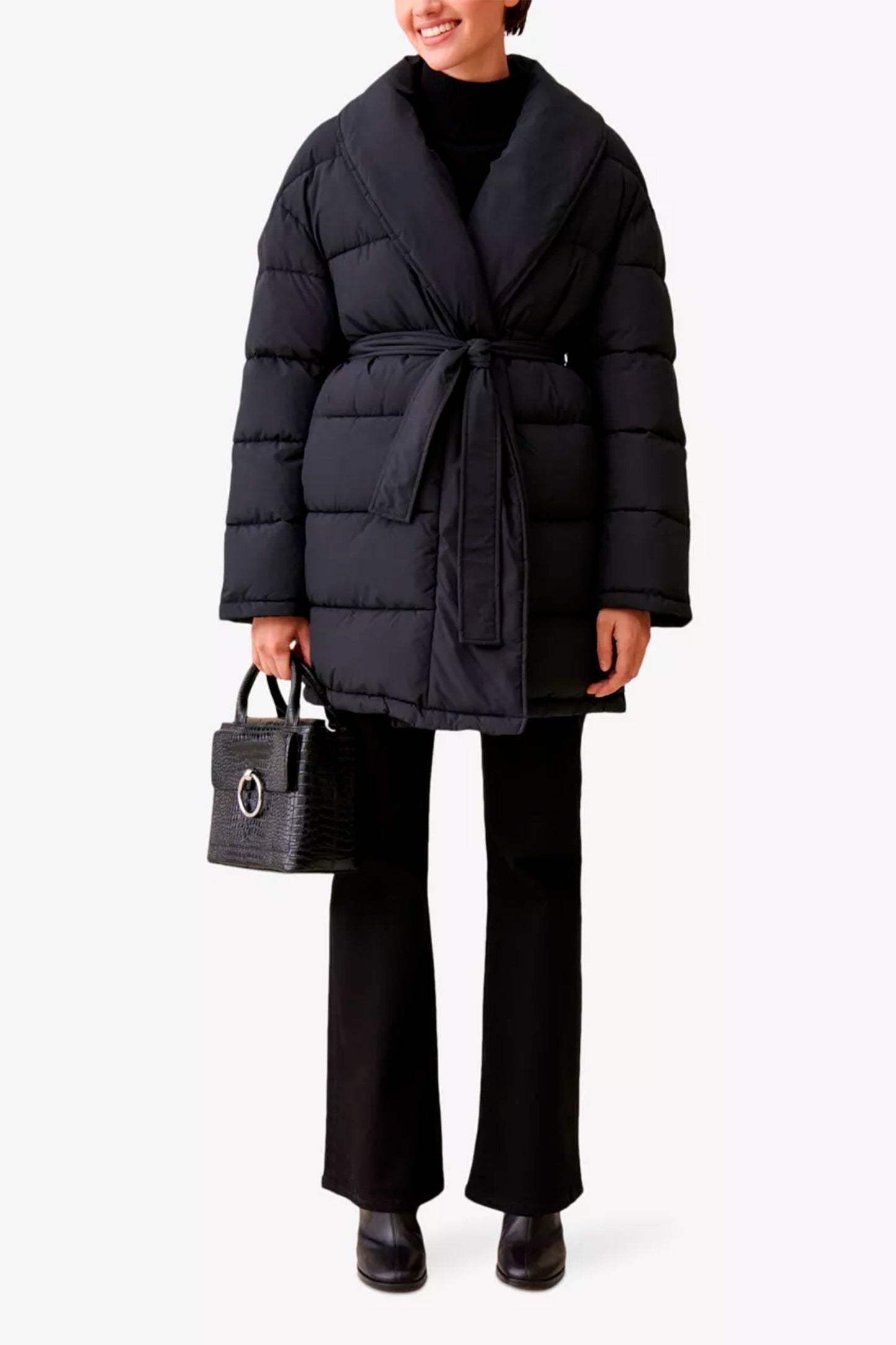 Shawl-collar belted-waist quilted shell puffer