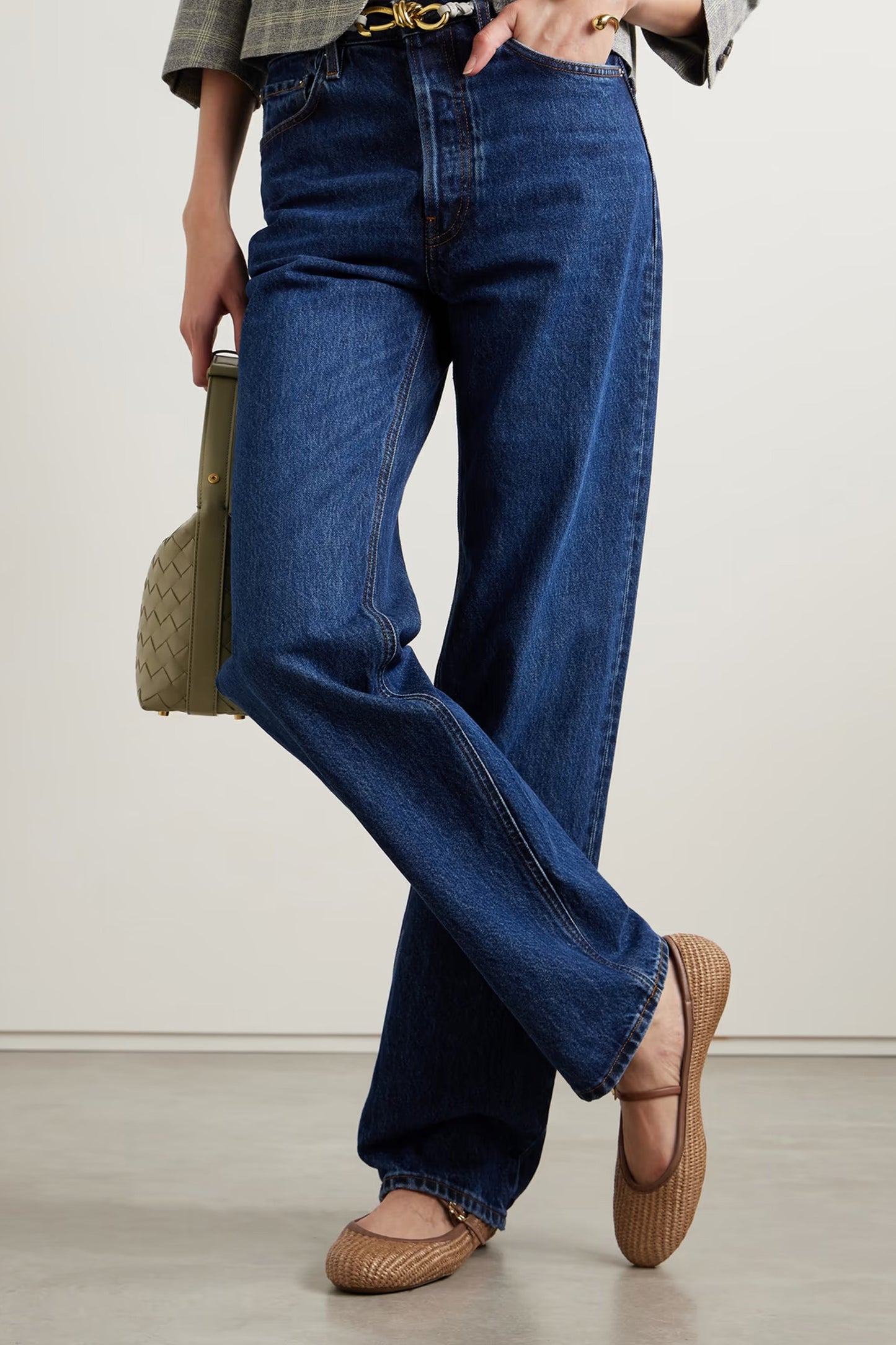 Carla Leather-trimmed Raffia Mary Jane Ballet Flats