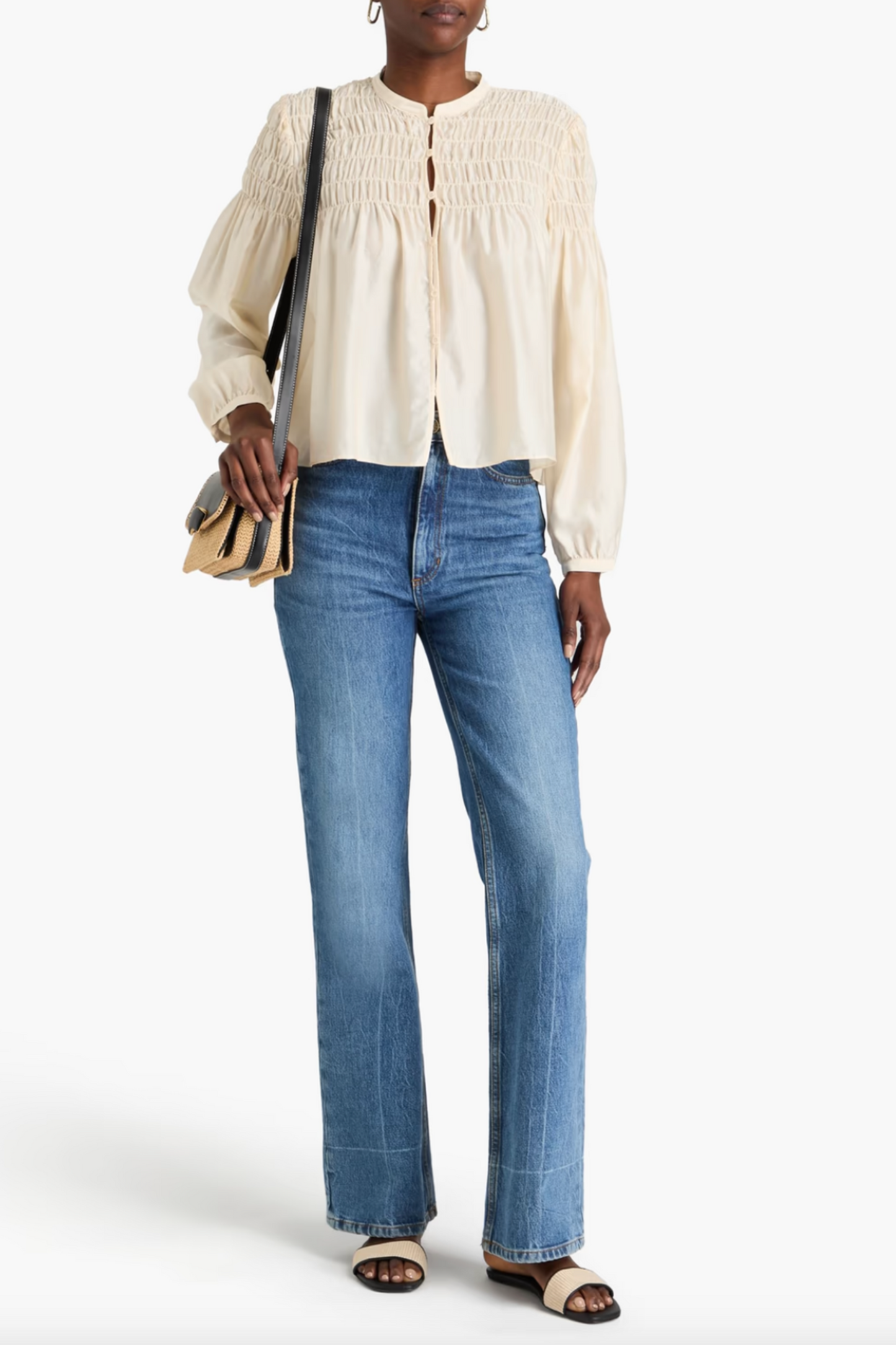 Smocked Silk and Cotton-Blend Jacquard Blouse