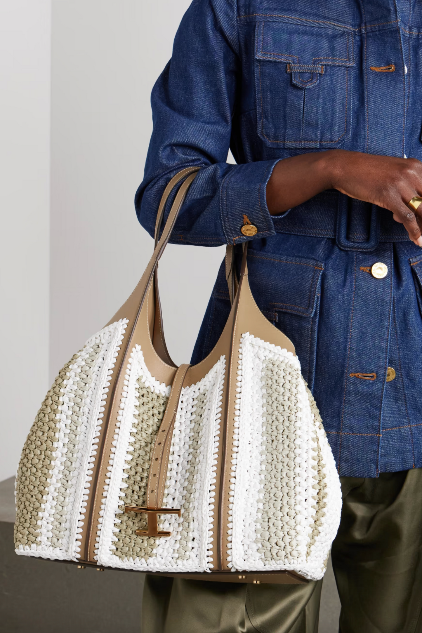 TSB Leather-Trimmed Crocheted Raffia Shoulder Bag