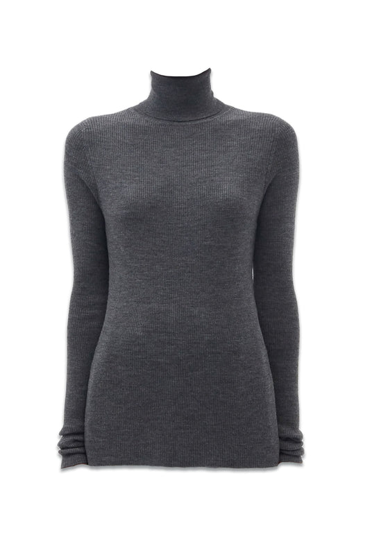Grey Roll-neck Fine-rib Merino-wool Sweater