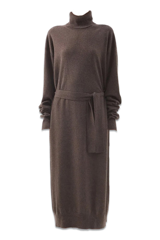 Responsible Cashmere-Blend Belted Brown Roll-Neck Dress