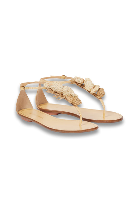 Marea Raffia-trimmed Leather Thong Sandals