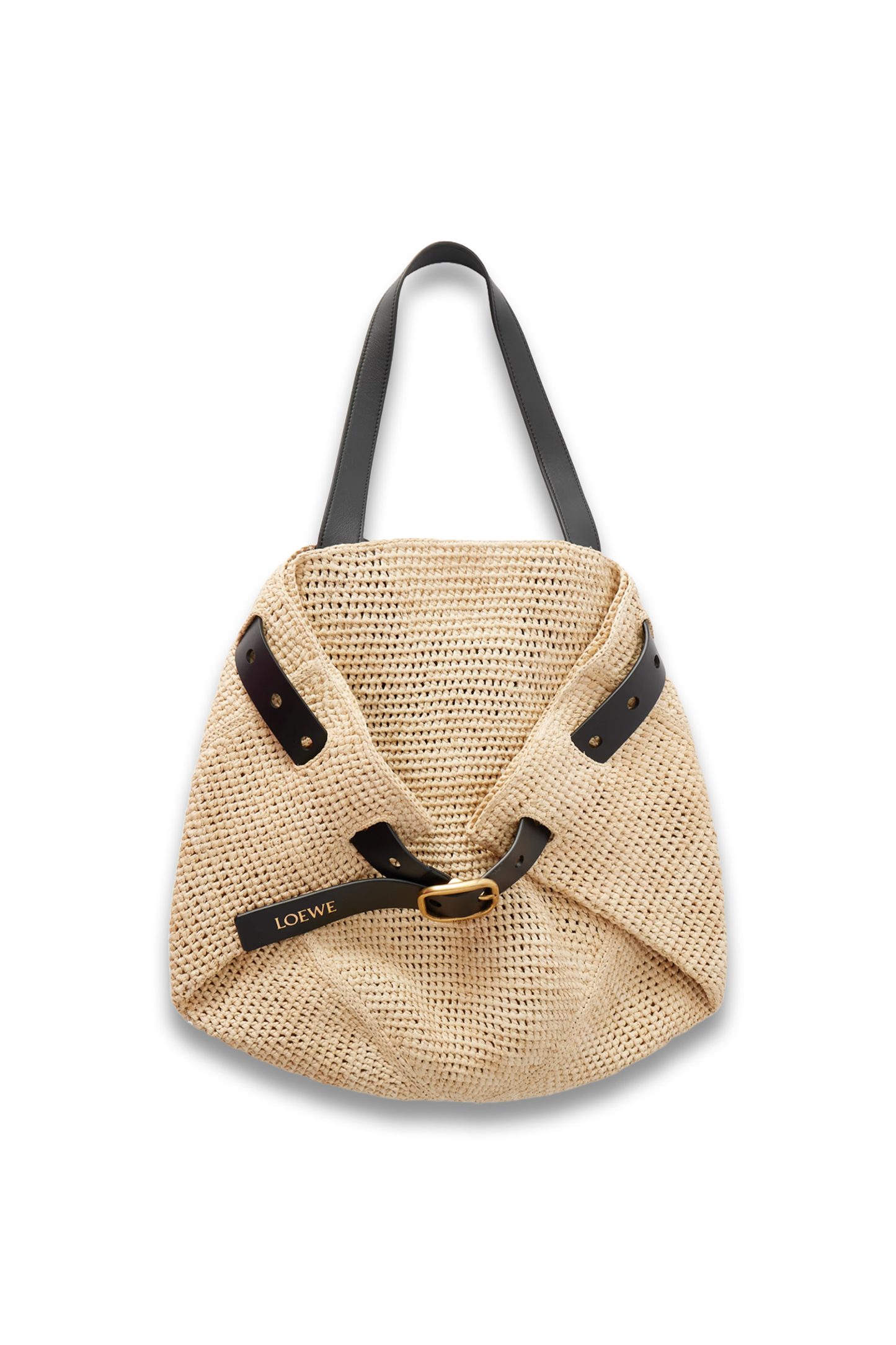 Punch Hole Medium Leather-Trimmed Raffia Tote