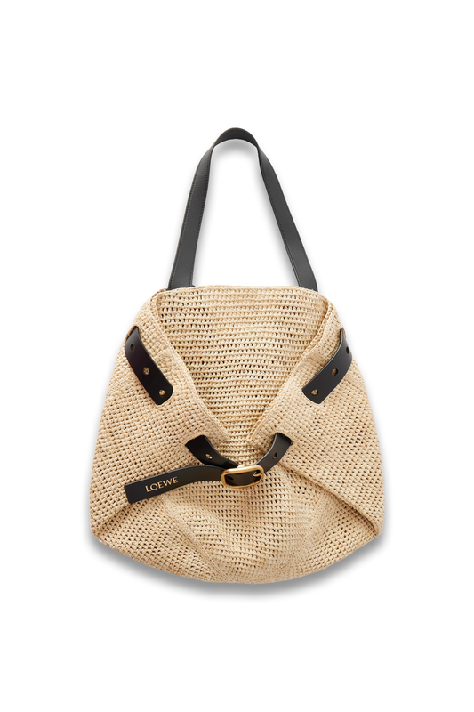 Punch Hole Medium Leather-Trimmed Raffia Tote
