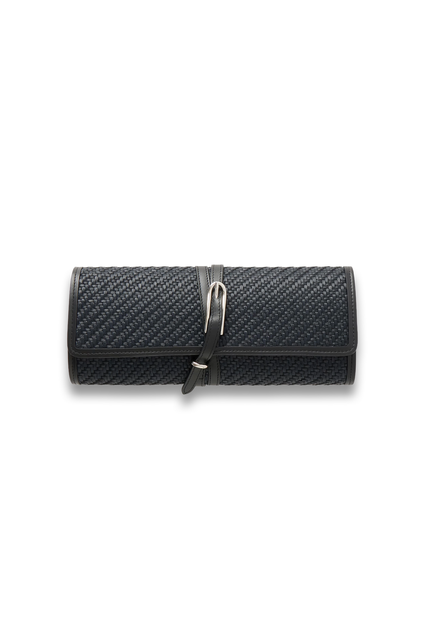 Belted Leather-trimmed Raffia Clutch
