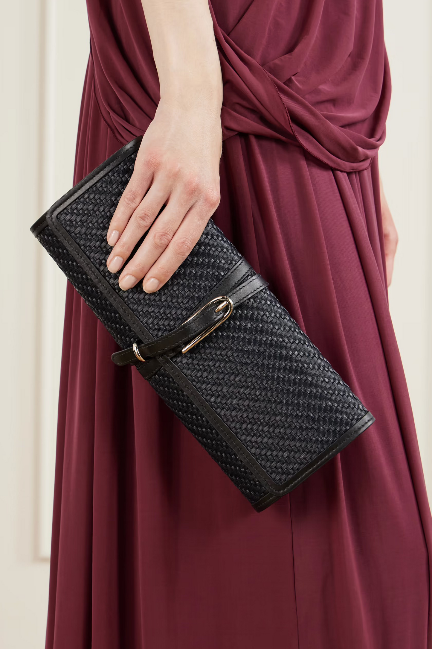 Belted Leather-trimmed Raffia Clutch