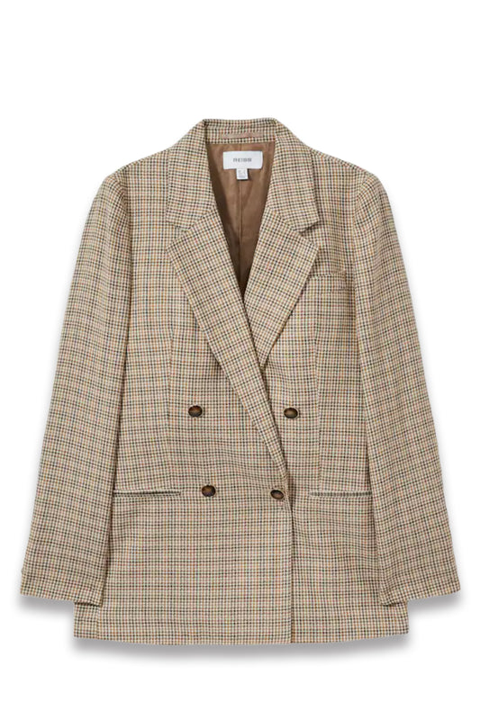 Wool Double-Breasted Houndstooth-Check Blazer in Brown Check