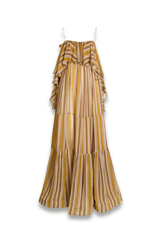 Rebellion Bohemian Striped Ruffled Chiffon Maxi Dress