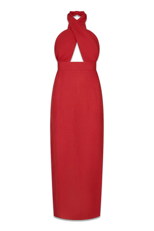 The Margot Criss-Cross Halterneck Dress in red
