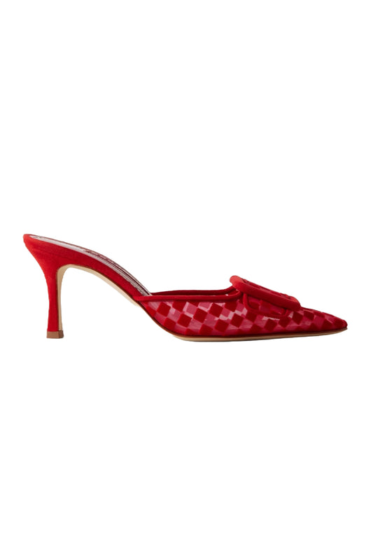 Maysalebi 70 Buckled Checked Suede and Mesh Mules Red