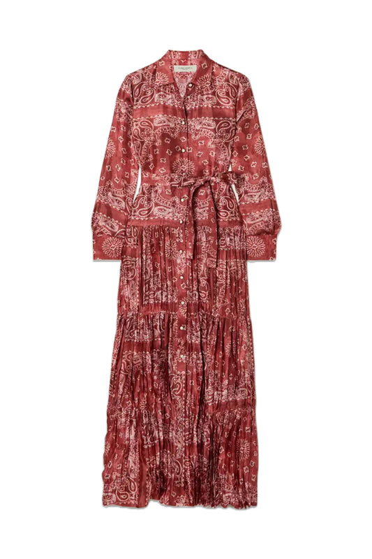 Belted Tiered Paisley-Print Satin-Twill Maxi Dress