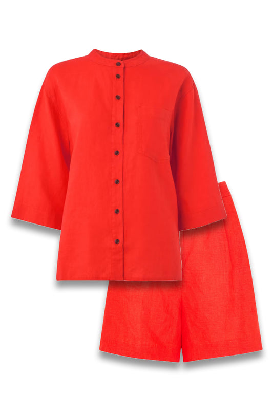 Red Tara Formal Linen Short & Grandad Collar Shirt
