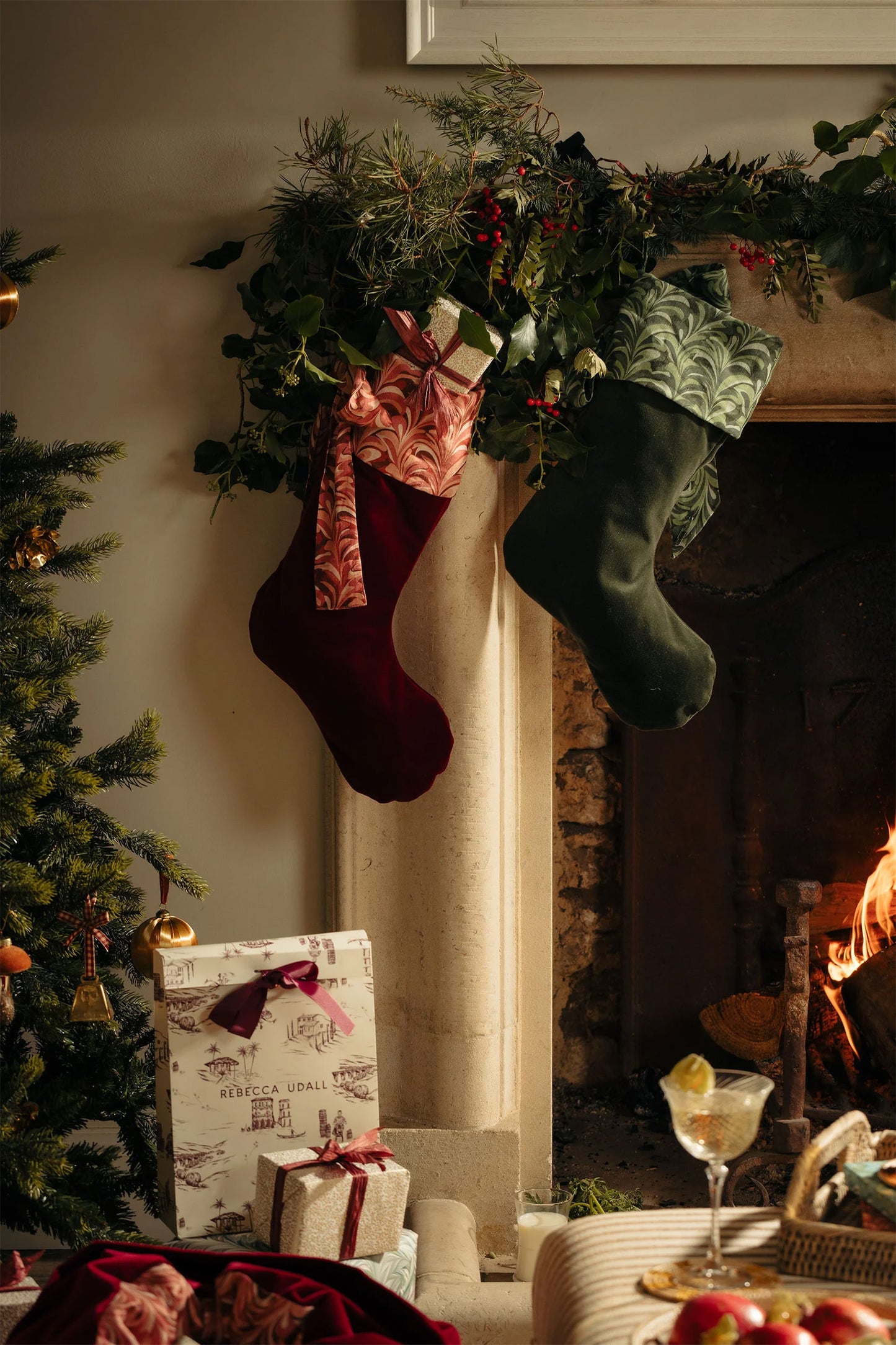 Marble Linen & Velvet Bow Christmas Stocking