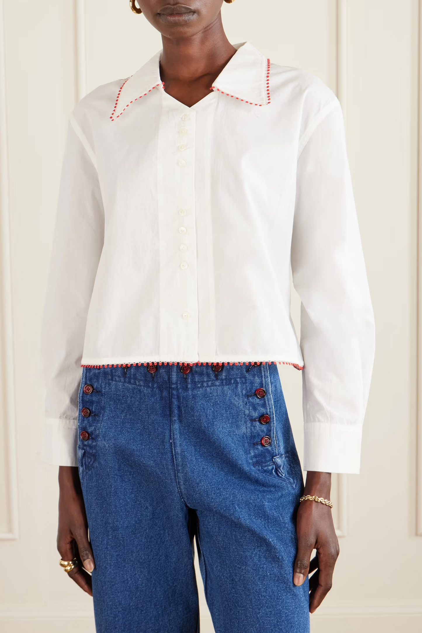 Redbud Cropped Embroidered Cotton-poplin Shirt
