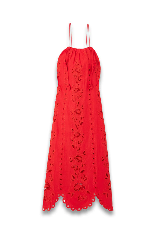 Embellished Broderie Anglaise Linen Blend Midi Dress