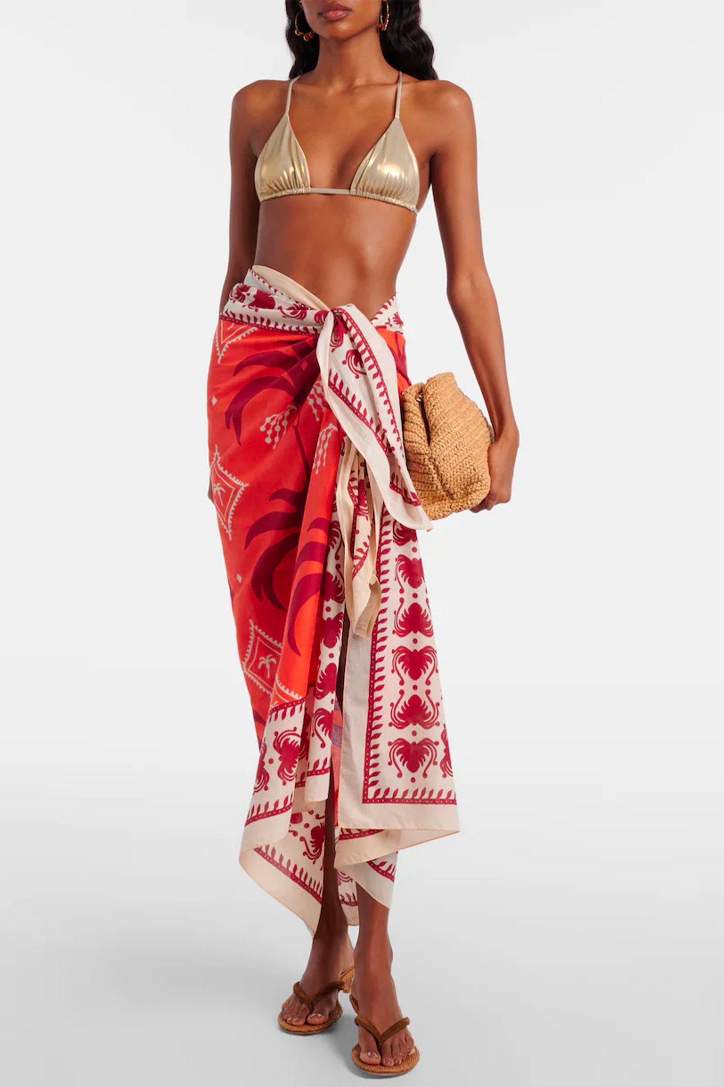 Red Printed Cotton Beach Cover-up