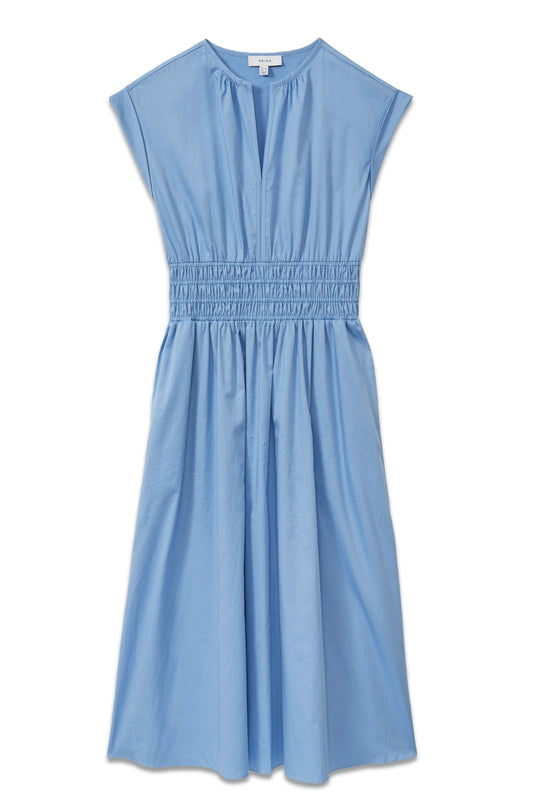 Lena Cotton Ruched Waist Midi Dress, Blue