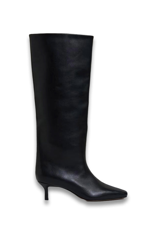 Monica Leather Kitten Heel Knee High Boots, Black