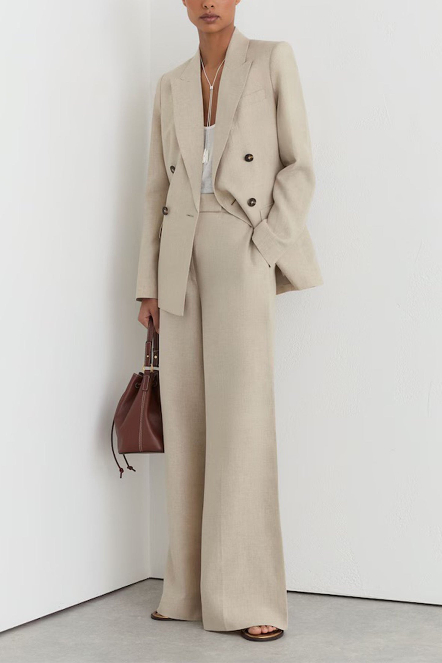 Linen Double-Breasted Suit Blazer & Linen Wide-Leg Suit Trousers in Neutral