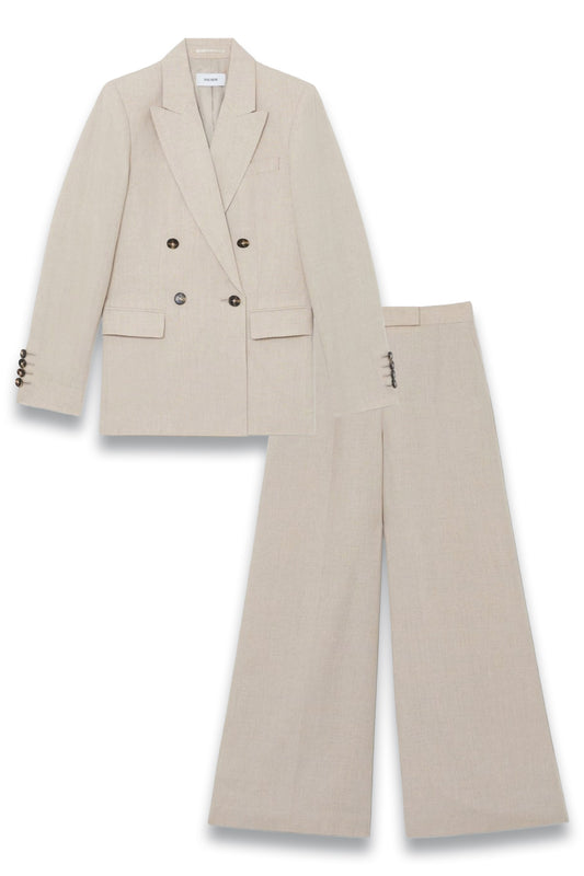Linen Double-Breasted Suit Blazer & Linen Wide-Leg Suit Trousers in Neutral
