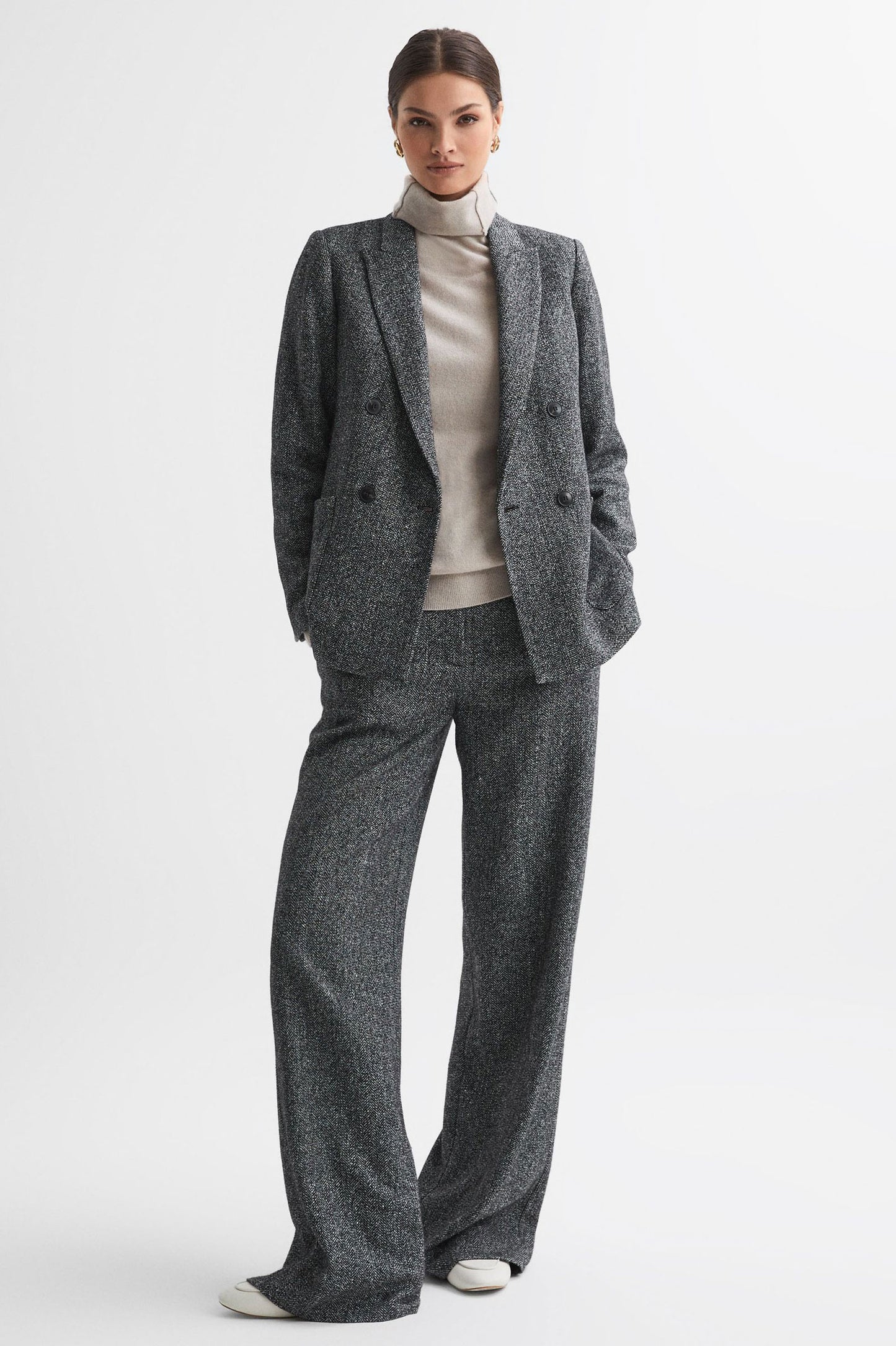 Relaxed Fit Textured Wool Double Breasted Blazer