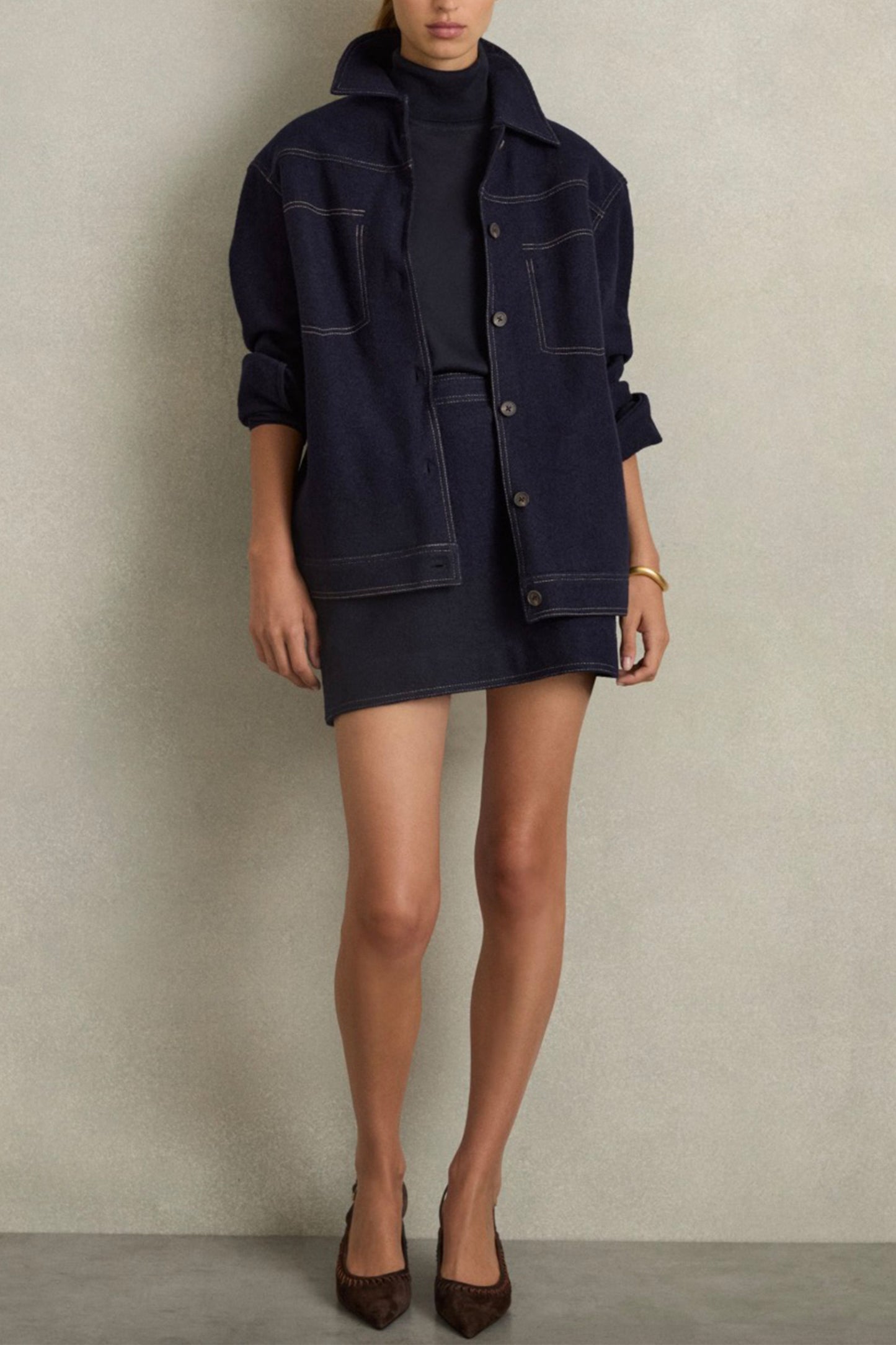 Elise Wool-Blend Topstitch Woven Shirt in Navy